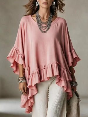 ivory blouse with ruffled hem and elbow sleeve