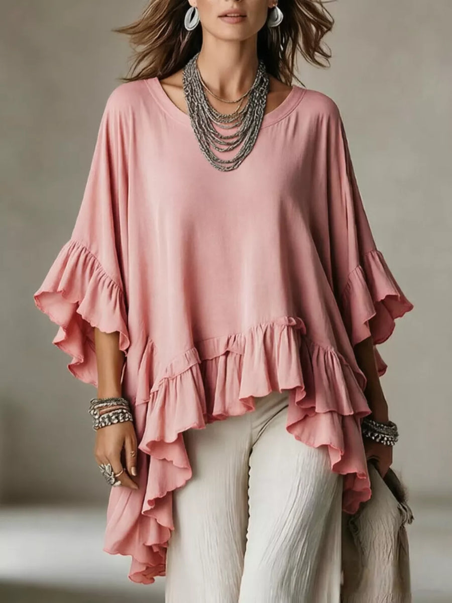 ivory blouse with ruffled hem and elbow sleeve