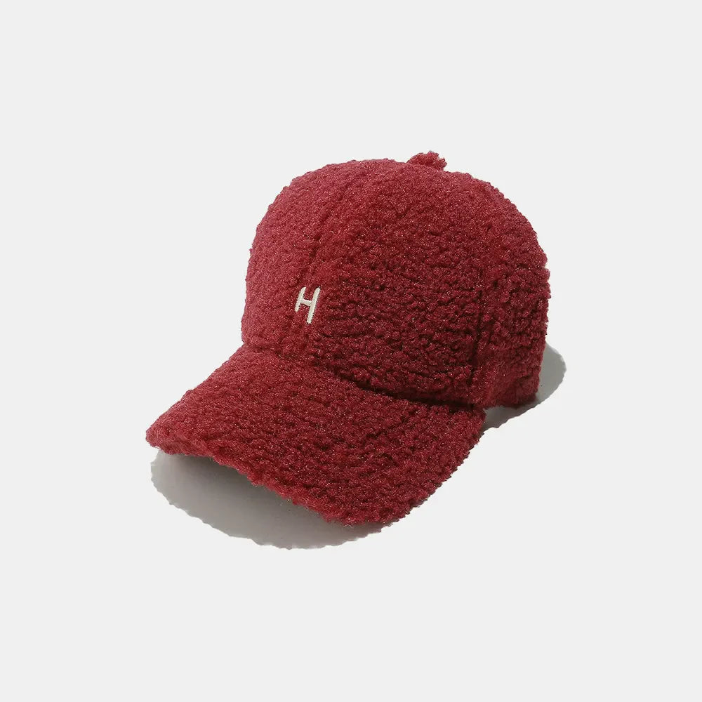 Burgundy textured sherpa baseball cap with embroidered H