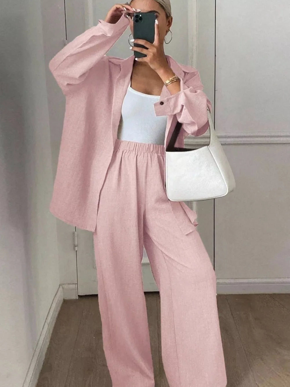 two-piece set in Dark Blue with collared and long sleeve