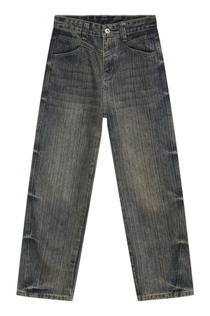 Vintage wash wide-leg denim jeans in dusty blue with a relaxed fit.
