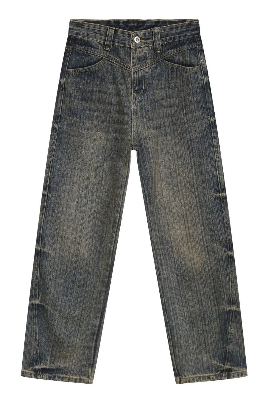 Vintage wash wide-leg denim jeans in dusty blue with a relaxed fit.