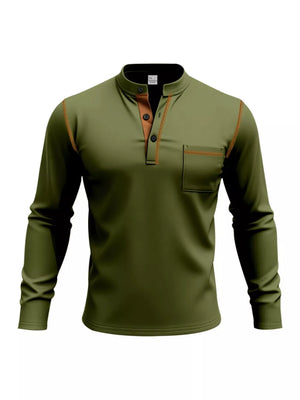 Army green long sleeve Henley t-shirt with contrast stitching and chest pocket.