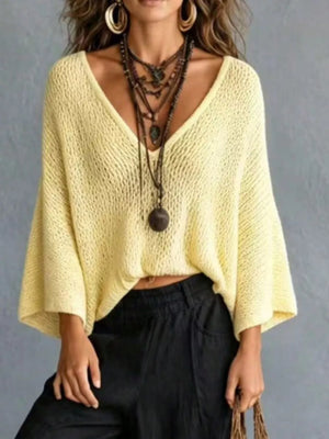 Khaki with V-neck Batwing Sleeve Sweater