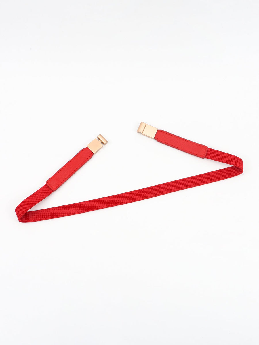 Red elasticated buckle belt with gold alloy hardware and leather detail