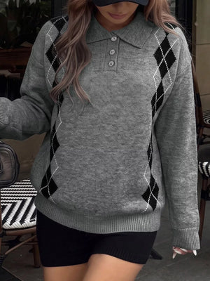 Dark Gray with Argyle Patterned Polo Collar Sweater