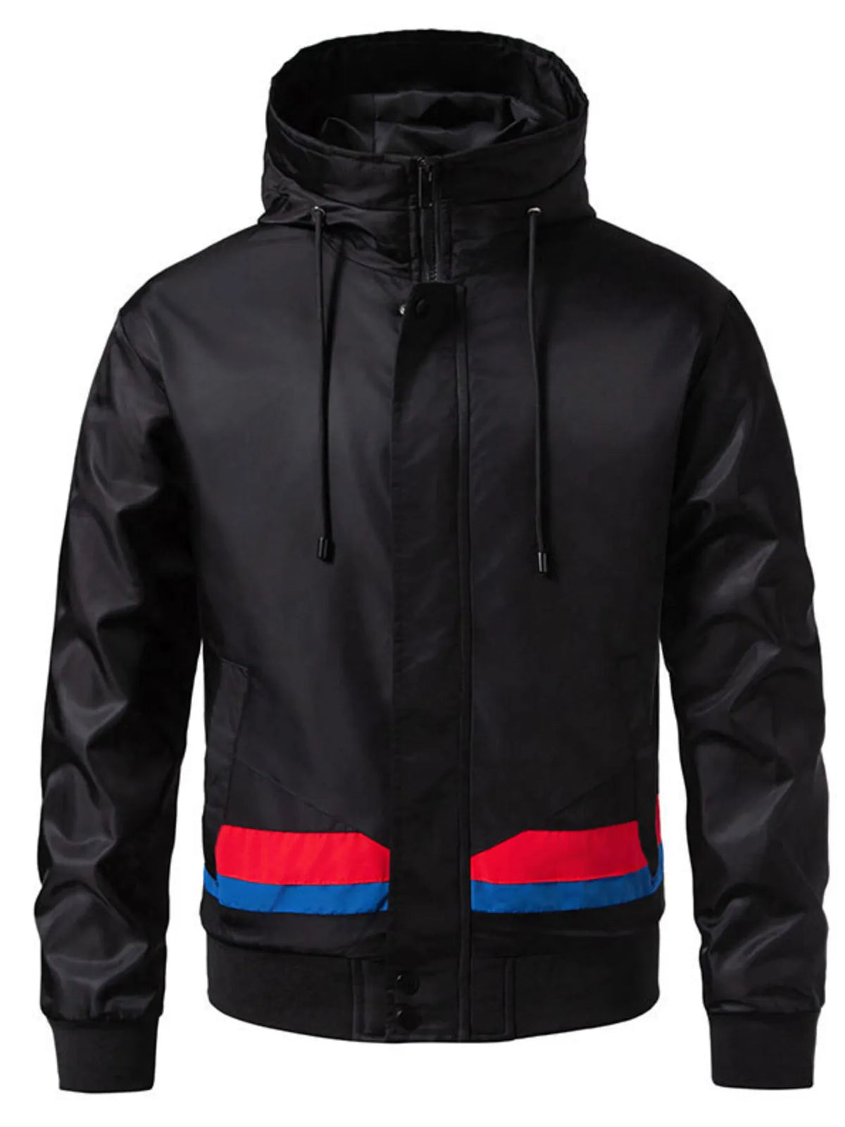 Black hooded windbreaker jacket for men with red and blue stripe detail