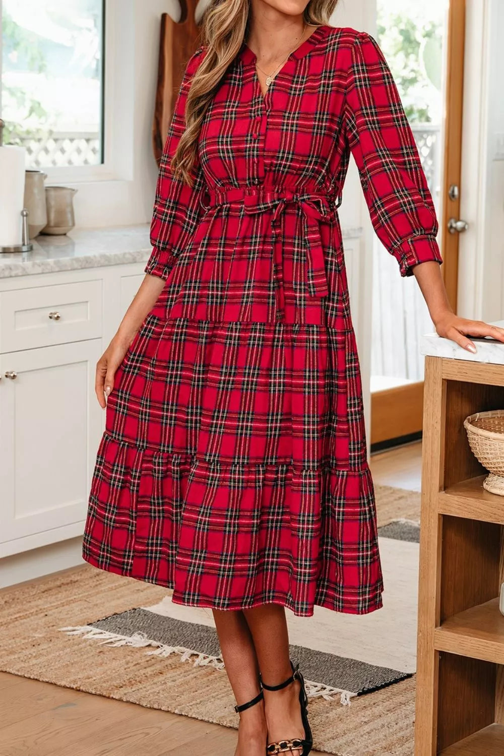 Christmas Plaid V Neck Tie Waist Midi Dress option 6
