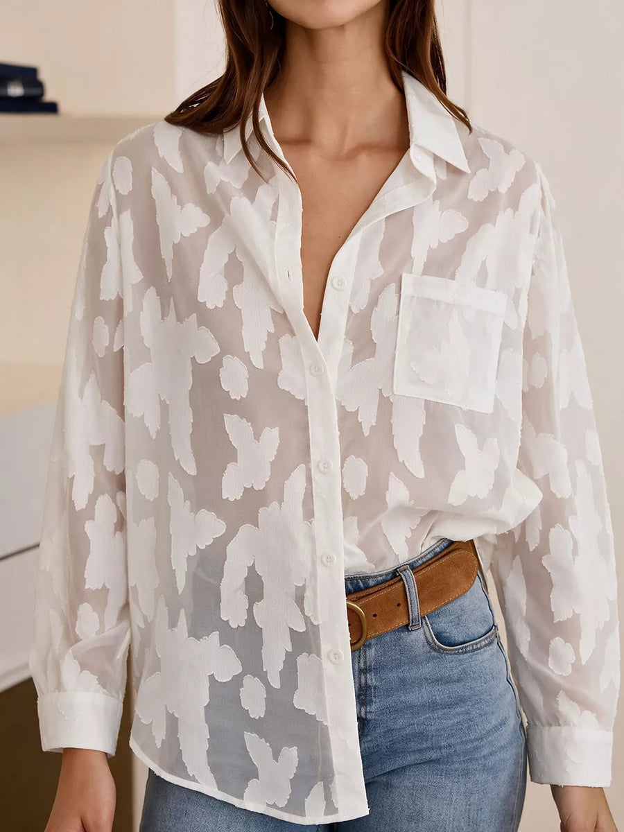 White button-down shirt with hip-length and button-front