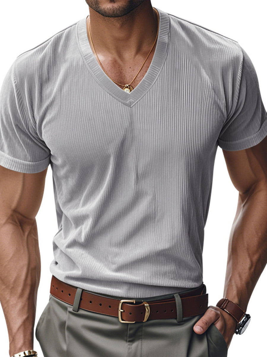 Grey ribbed V-neck t-shirt with short sleeves and a slim fit.