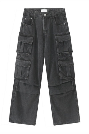Baggy dark wash denim cargo pants with multiple utility pockets.
