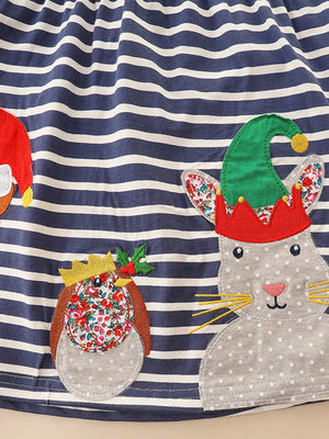 Baby cotton dress with navy and white stripes, featuring cute animal appliques including a bunny and bird.