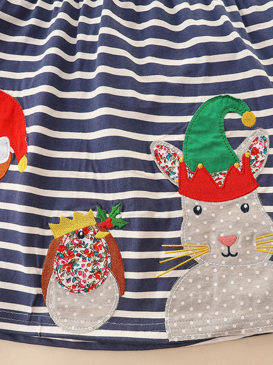 Baby cotton dress with navy and white stripes, featuring cute animal appliques including a bunny and bird.