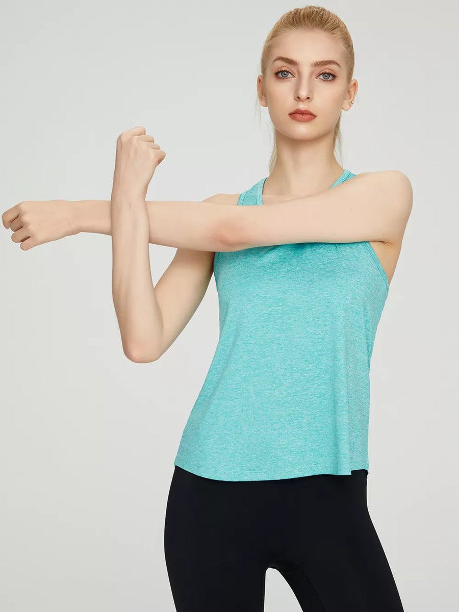 Turquoise heathered athletic tank top with racerback and scoop neck.