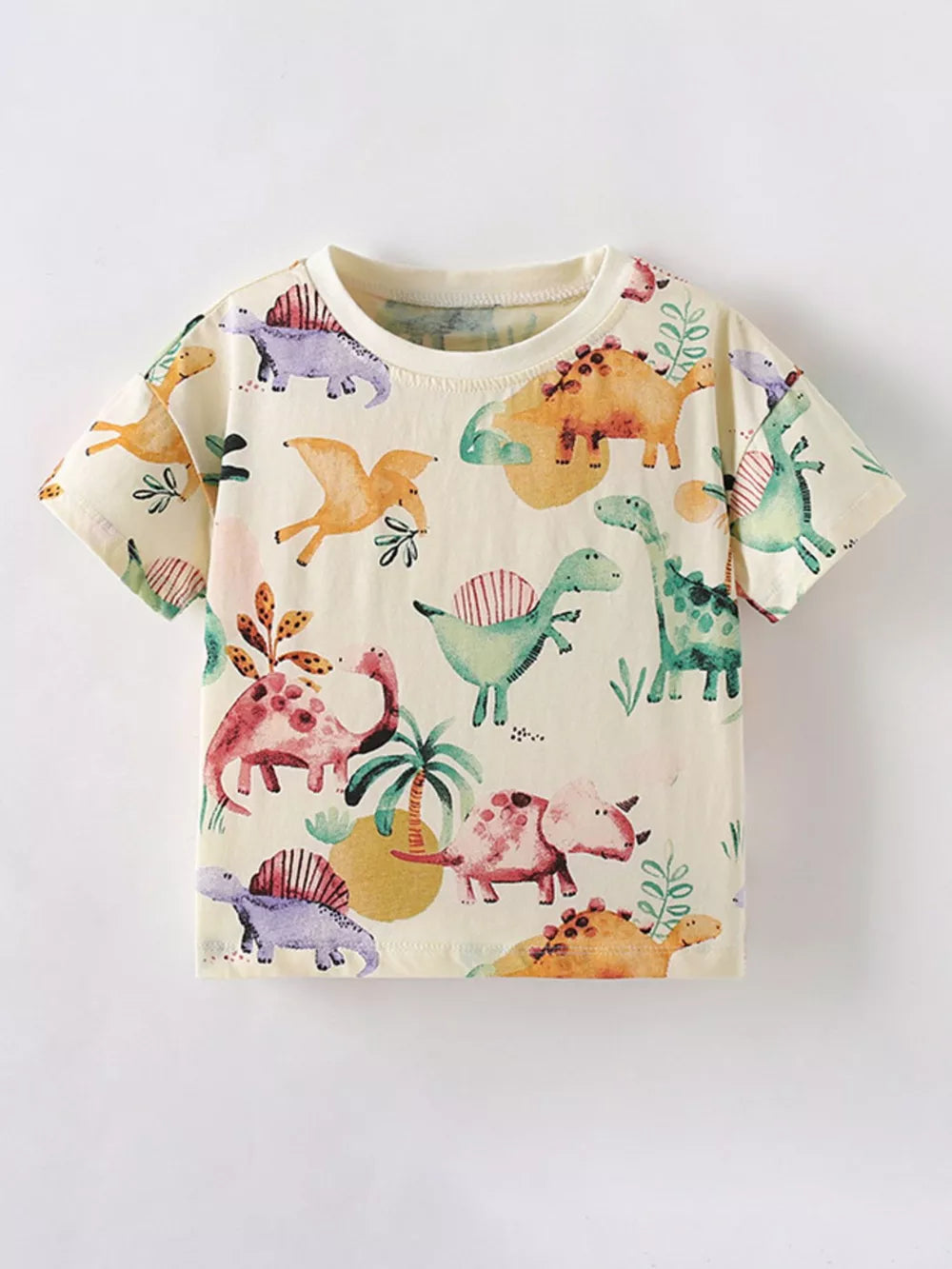 Baby t-shirt in cream with a colorful dinosaur print, crew neck, short sleeves, cotton blend.