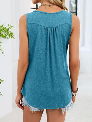 Blue-green tank top with button detail and ruching on the back yoke.