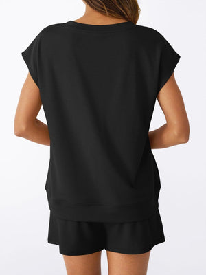 Black V-neck sleeveless top and drawstring shorts set