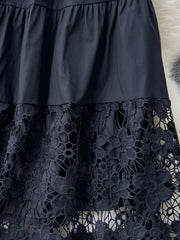 Black tiered skirt with elastic waist and floral lace hem detail
