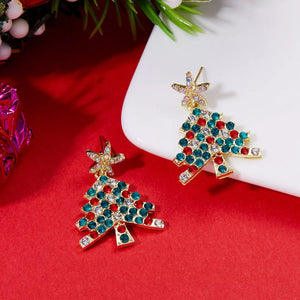 Gold Christmas tree earrings with red, teal, and clear rhinestones and star accents.
