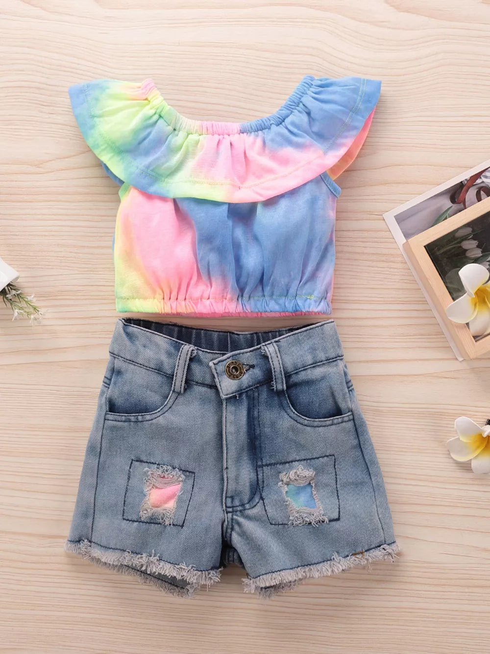 Children's Tie-dye Ruffle Crop Top & Shorts Set in Blue