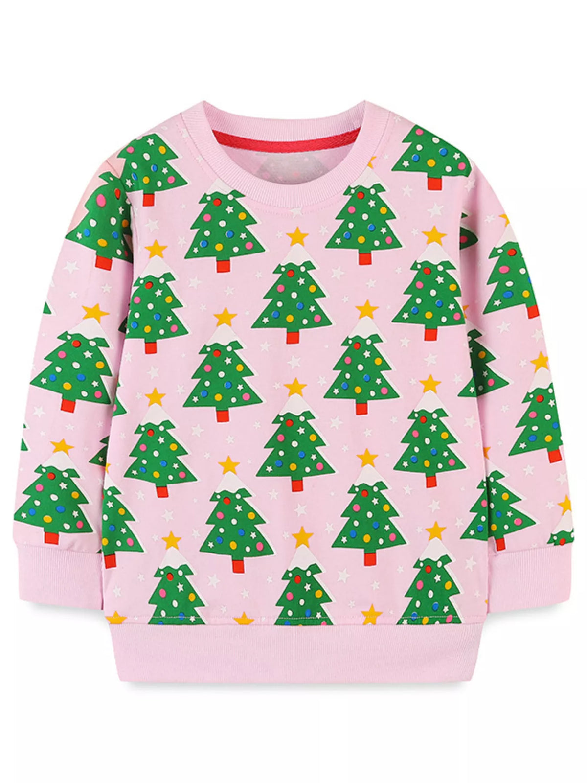 Pink Christmas tree print crewneck sweatshirt with stars.