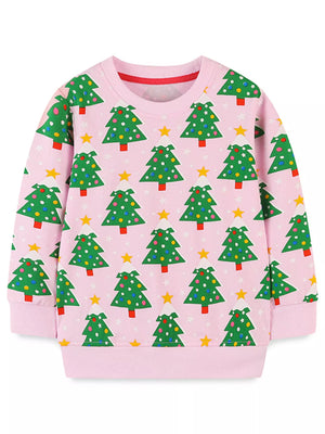 Pink Christmas tree print crewneck sweatshirt with stars.