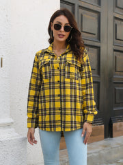 Yellow plaid overshirt with flap pockets and button front, styled casually.