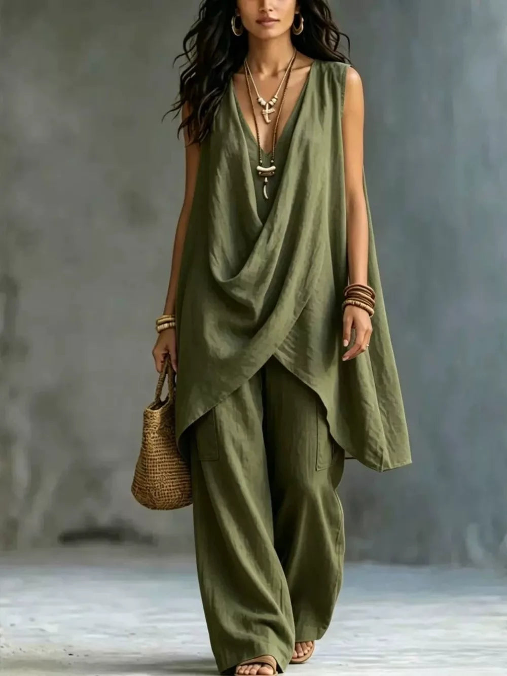 Army green asymmetrical draped top and wide-leg pants set with V-neck and sleeveless design.