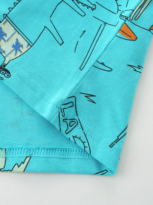 Aqua 100% cotton toddler t-shirt with playful cartoon alligator print and stitched hem.