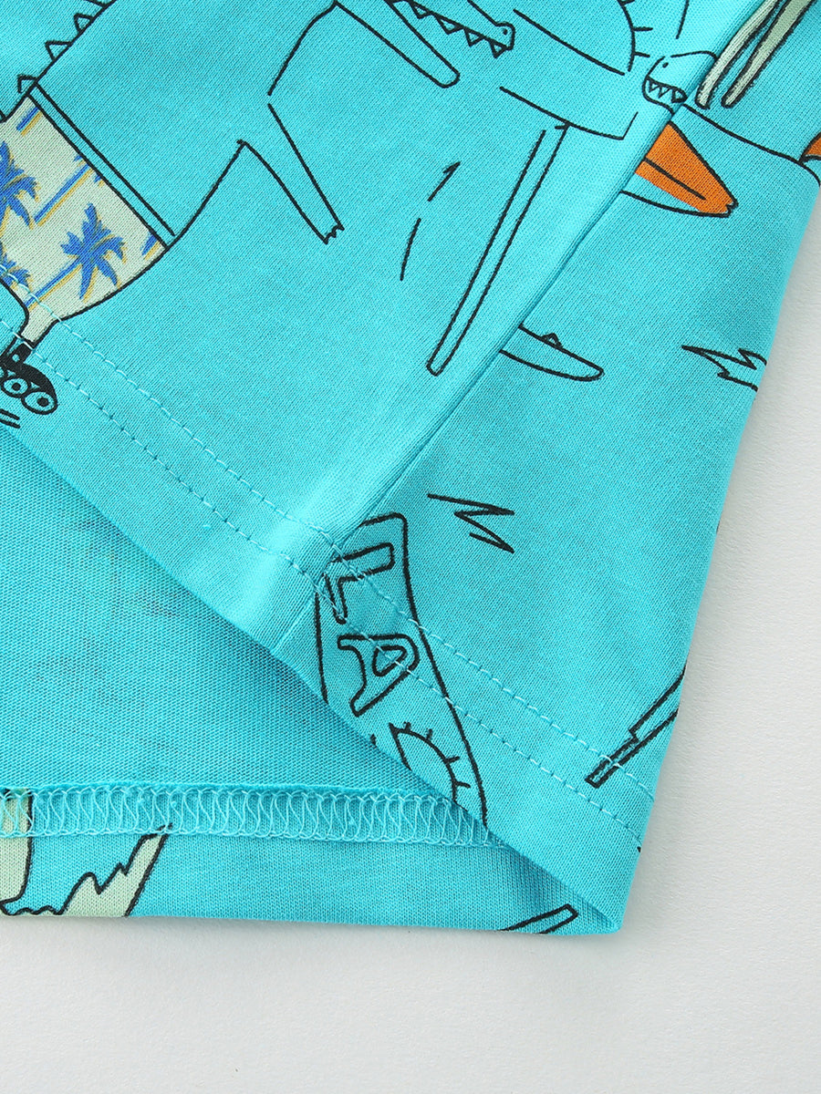 Aqua 100% cotton toddler t-shirt with playful cartoon alligator print and stitched hem.