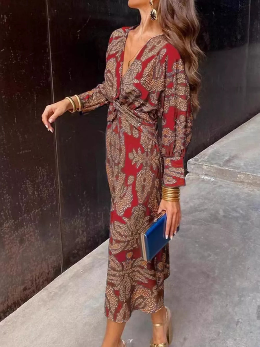 Printed V-neck Long Sleeve Twisted Midi Dress Plus Size in Dark Green