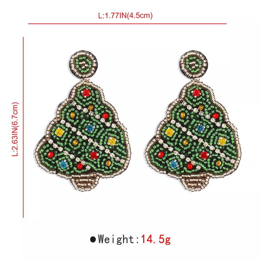 Festive tree dangle earrings in dark green with colorful crystal ornaments and beaded detail.