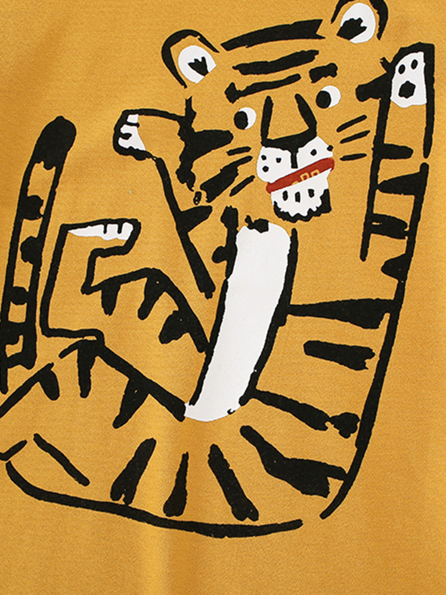 Toddler yellow cotton crew neck t-shirt with a black and white tiger graphic print.