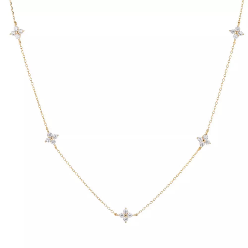 Gold clover charm necklace with diamond accents on a delicate chain