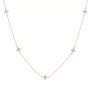 Gold clover charm necklace with diamond accents on a delicate chain