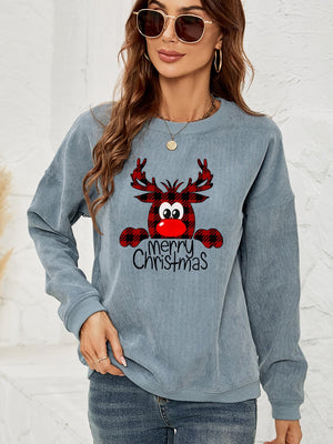 Misty Blue corduroy sweatshirt with a cute reindeer graphic and Merry Christmas text.