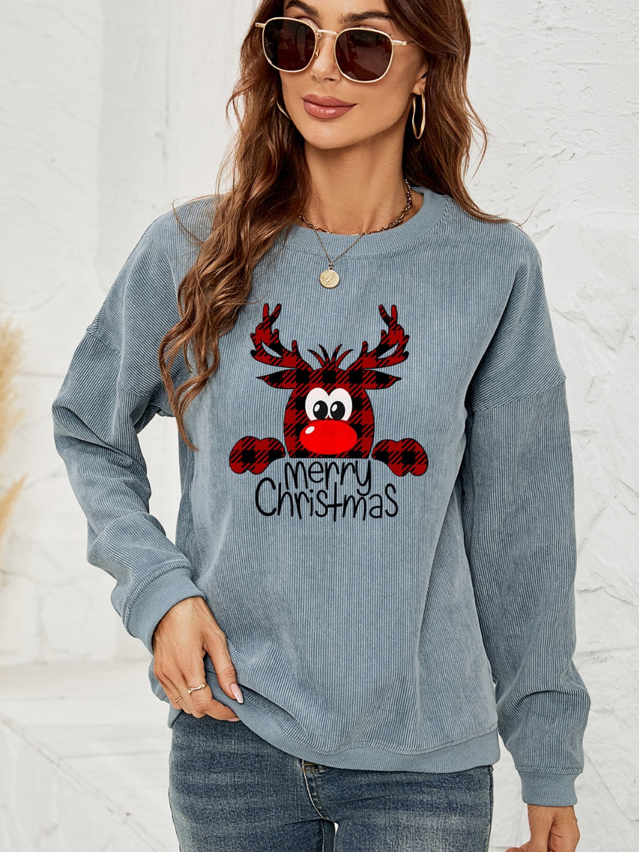 Misty Blue corduroy sweatshirt with a cute reindeer graphic and Merry Christmas text.