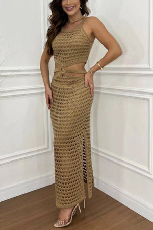 Beige cutout crochet maxi set with ring detail and thigh-high slit.