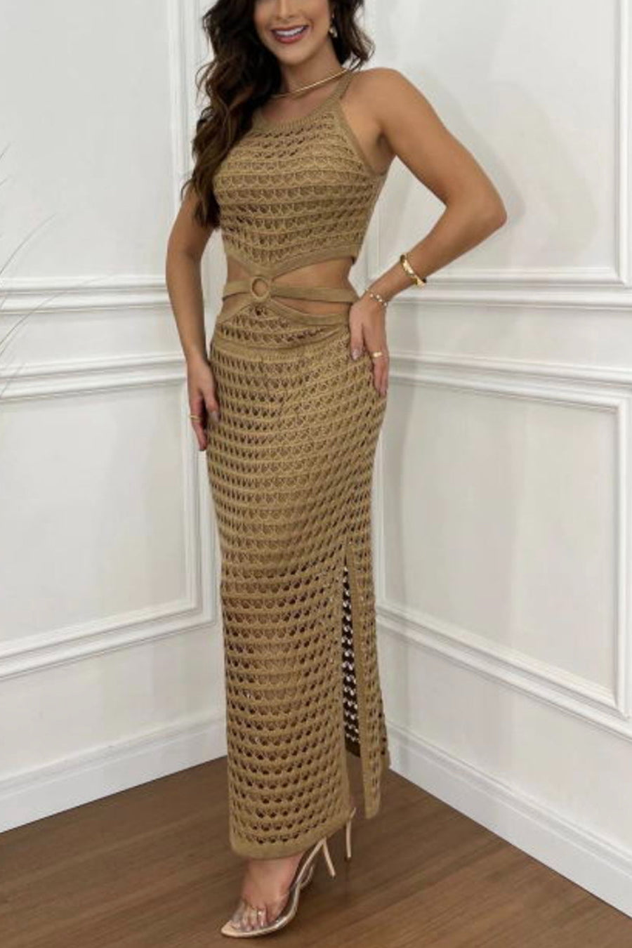 Beige cutout crochet maxi set with ring detail and thigh-high slit.