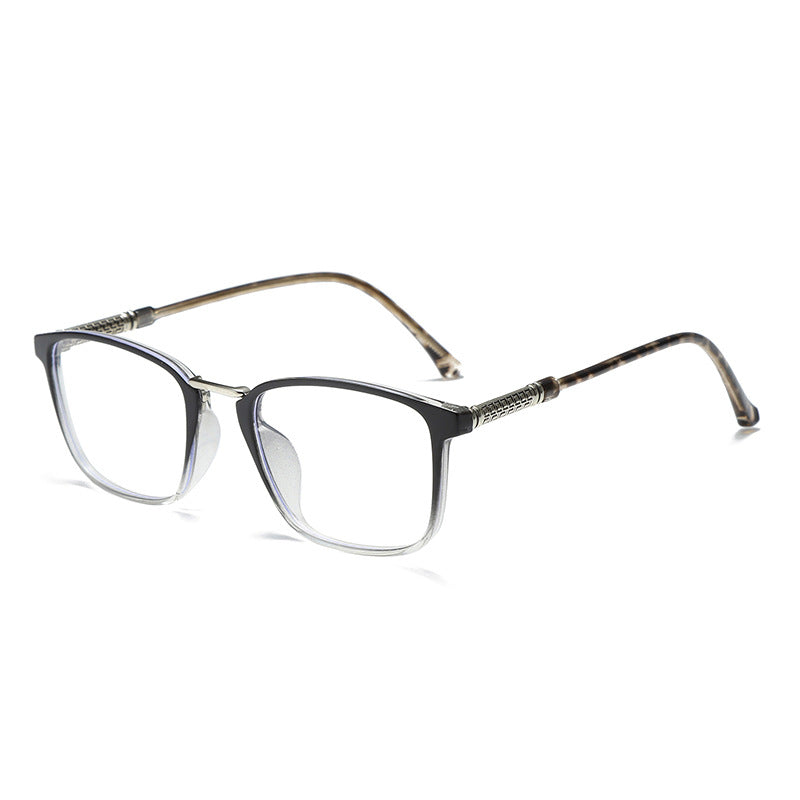 Premium anti-light glasses with clear acetate frames and patterned temples.