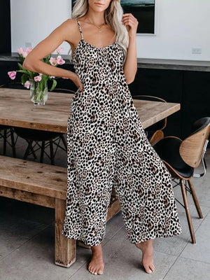 Leopard print wide leg jumpsuit with spaghetti straps and a V-neck.