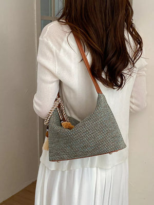 Woven Small Shoulder Bag With Tassel in sage green