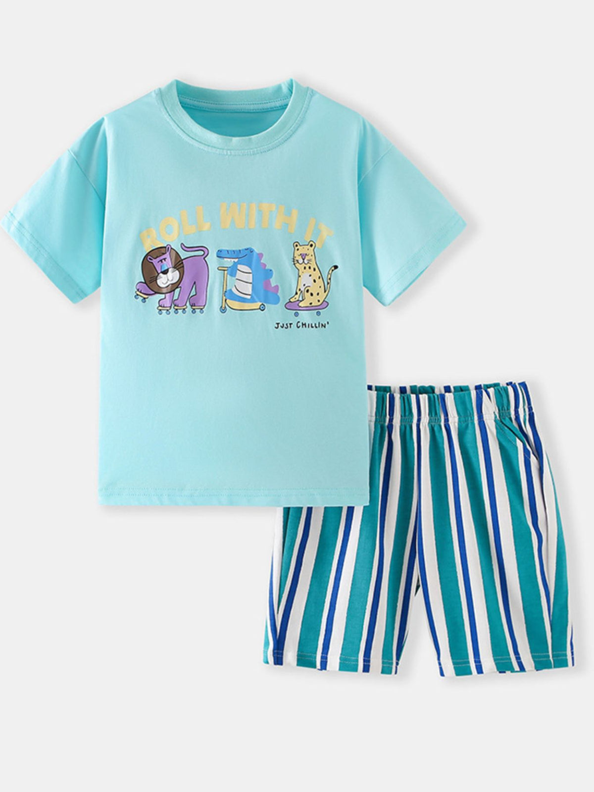 Light blue cotton t-shirt with playful animal graphic and striped shorts for boys.