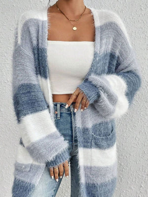 Light Blue cardigan with thigh-length and open-front