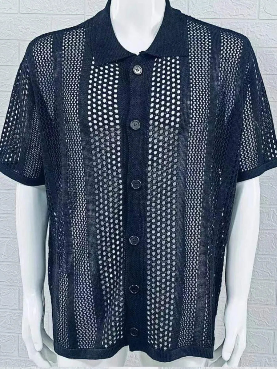 Black open-knit resort shirt with short sleeves, featuring a button-up front and breathable acrylic material.