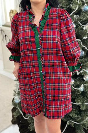 Plaid Ruffle Cuff Button Front Mini Dress option 5