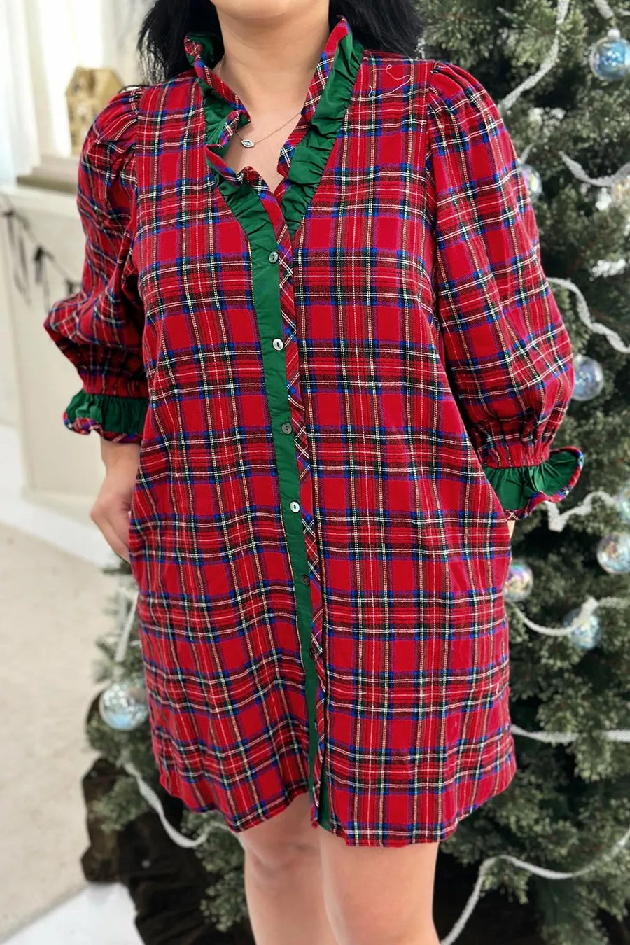 Plaid Ruffle Cuff Button Front Mini Dress option 5