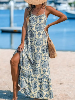 navy blue maxi dress featuring spaghetti strap and damask