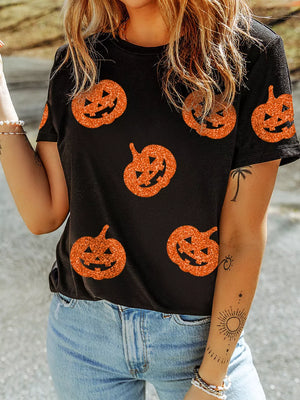 black t-shirt with graphic print and crew neck