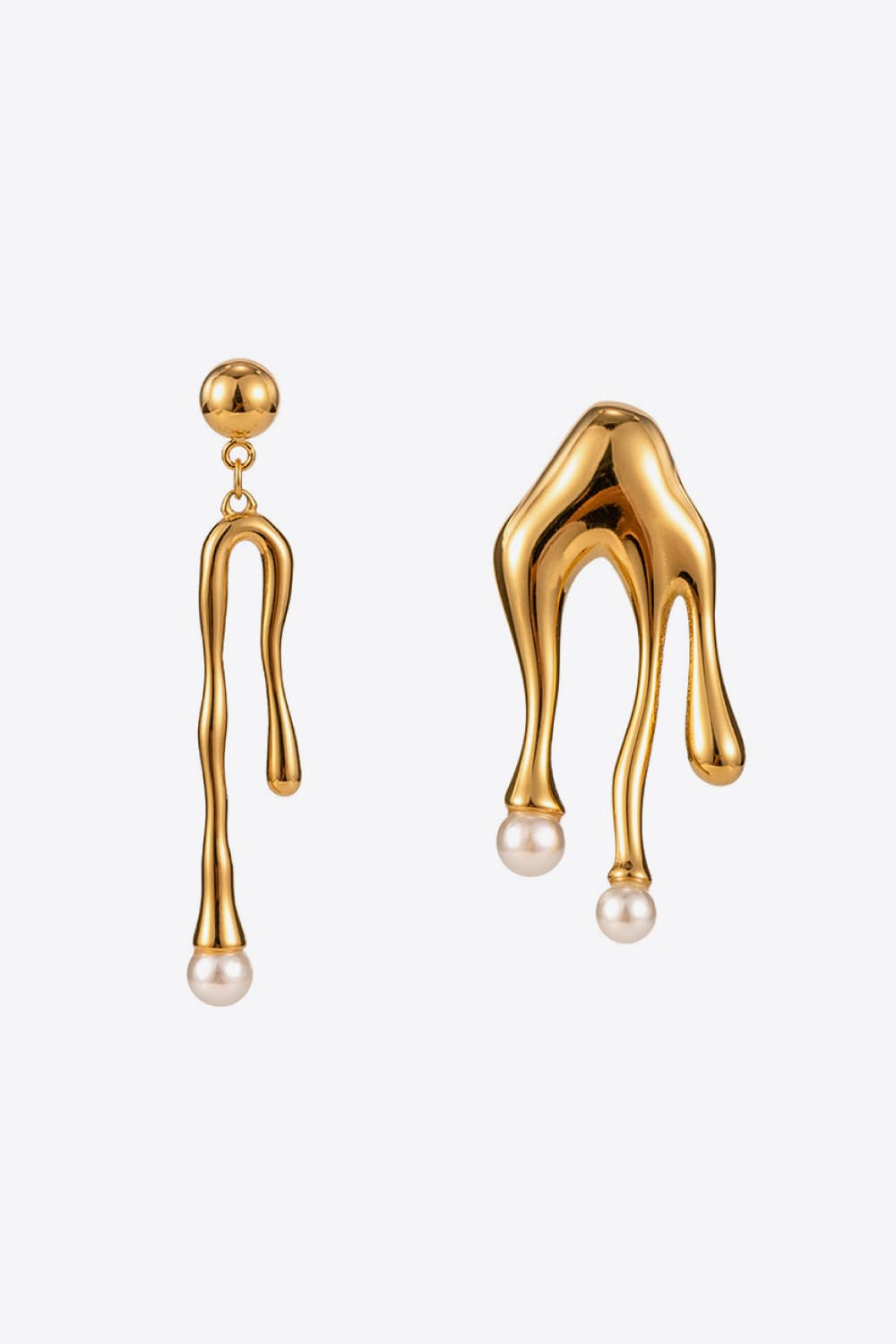 Gold molten pearl drip earrings with abstract design and pearl accents.